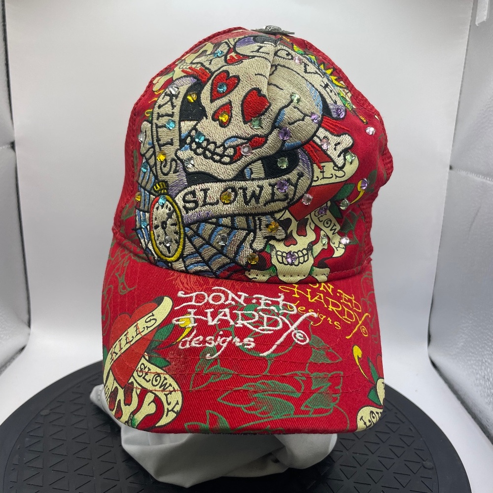 Red Ed Hardy Hat With Rhinestones